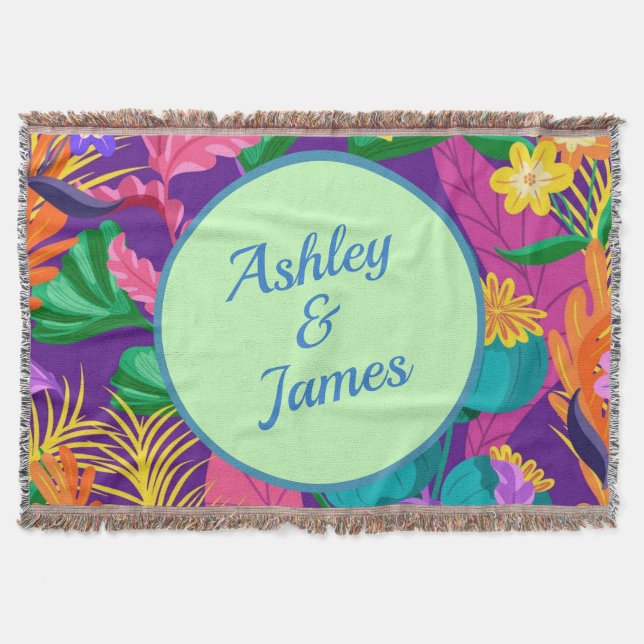 Cobertor Padrão Floral Tropical Modelo de Texto Personaliza (Frente)