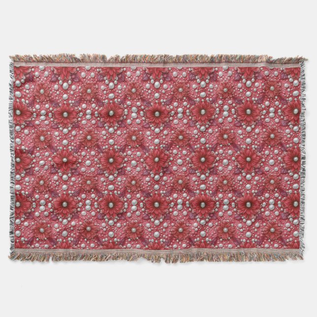 Cobertor Padrão Floral Vermelho Com Acentos de Pérola (Frente)