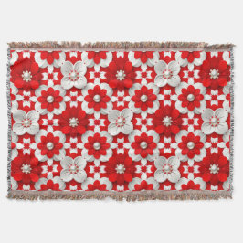 Cobertor Padrão Floral Vibrante em Vermelho e Branco com Pé