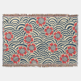 Cobertor Padrão Japonês Creme Onda Azul-Marinho Sakura Verm