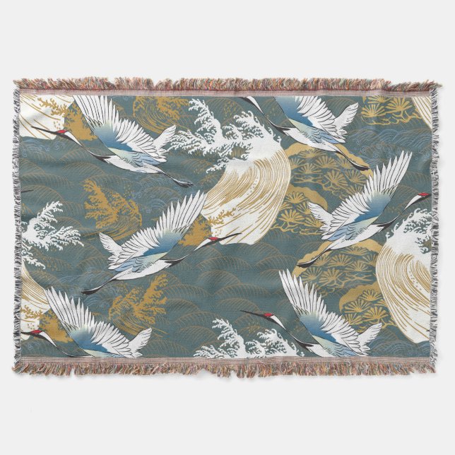 Cobertor Padrão Japonês De Vintage Crane Birds (Frente)