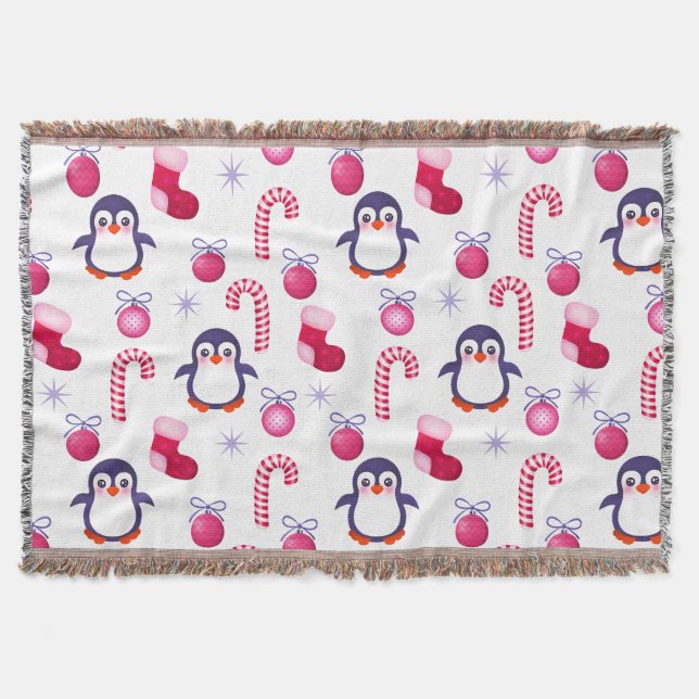 Cobertor Padrões de Natal Rosa e Branco bonitos com pinguin (Frente)