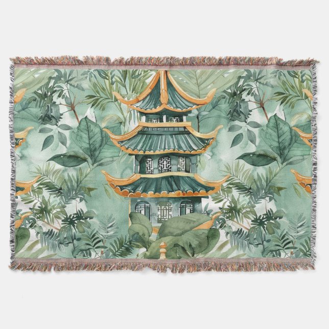Cobertor Pagoda Asiática de Aquarela na Paisagem Verdante ( (Frente)