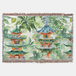 Cobertor Pagoda Asiática de Aquarela na Paisagem Verdante (