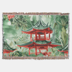 Cobertor Pagoda Asiática de Aquarela na Paisagem Verdante (