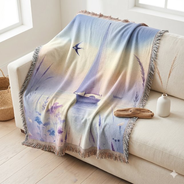 Cobertor Paisagem Sonhoada Costeira de Barco à Vela Pastel (Pastel Sailboat Coastal Dreamscape Throw Blanket)