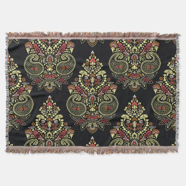 Cobertor paisley indiano, fundo negro geométrico (Frente)