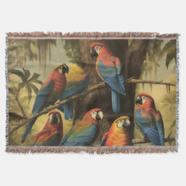 Cobertor Papagaios coloridos de cena botânica em árvore