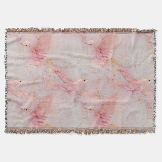 Cobertor Pássaros Rosa Bege Dourado   (Frente)