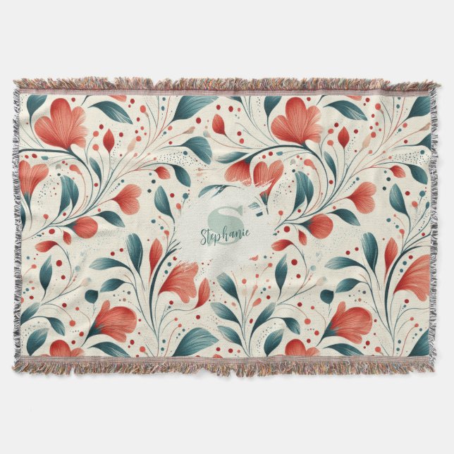 Cobertor Pasta Azul Whimsical e Padrão Floral Vermelho (Frente)