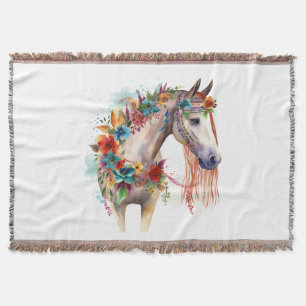 Cobertor Pastel de Boho Horso com Flor de Aquarela
