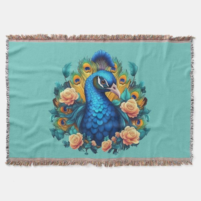 Cobertor Pavão Com Rosas Pêssego (Frente)