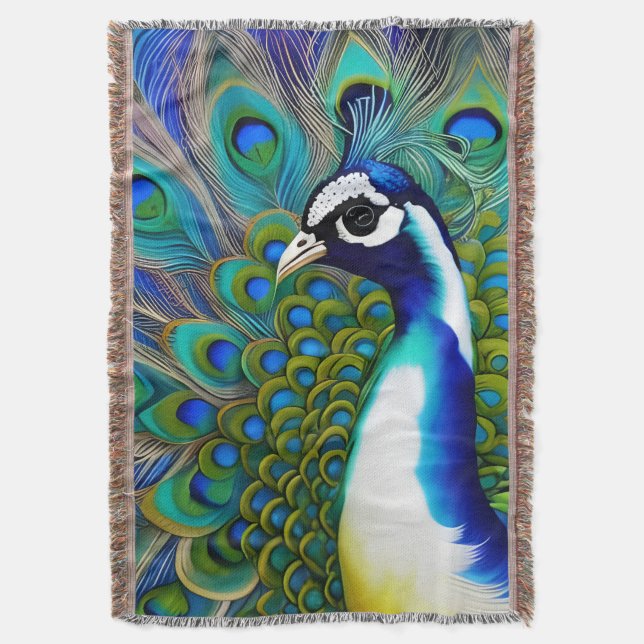 Cobertor Peacock Branco Azul e Verde (Frente Vertical)