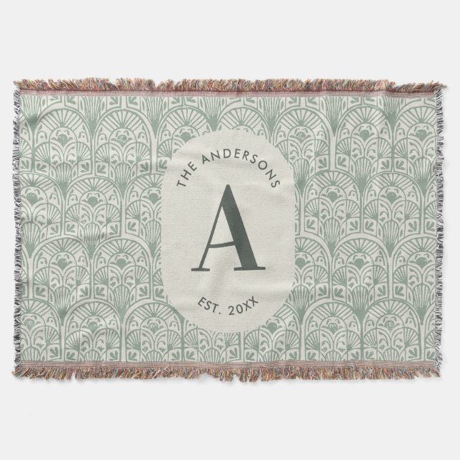 Cobertor Personalised Family Name Monogram Sage Green Deco (Frente)