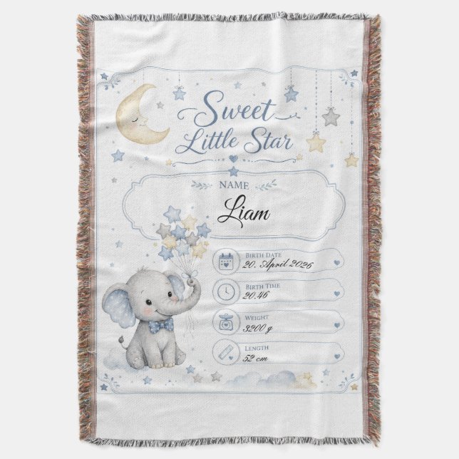 Cobertor Personalisierbare Baby Geburtstafel mit Elefant  (Frente Vertical)