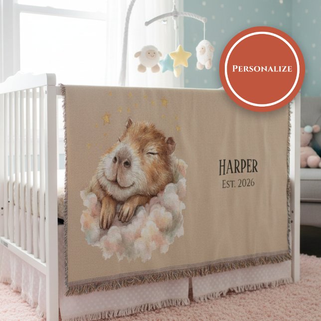 Cobertor Personalized Nursery Blanket • Sleepy Capybara (Watercolor nursery blanket with sleepy capybara on clouds and stars on warm beige background)
