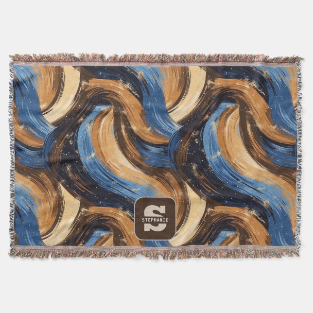 Cobertor Pincéis de Abstrato Curly em Azul e Castanho (Frente)