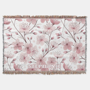 Cobertor Pink Cherry Blossom Sakura Pattern on White (2)