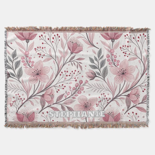 Cobertor Pink Cherry Blossom Sakura Pattern on White (3) (Frente)