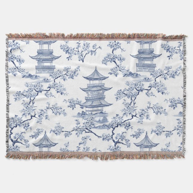 Cobertor PixDezine Azul Chinoiserie Pagodes Flor de Cerejei (Frente)