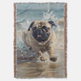 Cobertor Pug Feliz na Praia personalizável