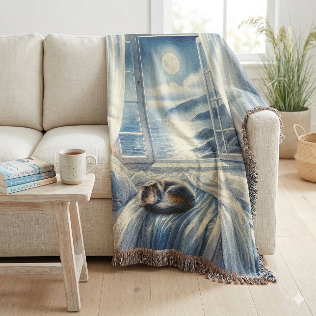 Cobertor Quarto à Beira-Mar ao Luar com Gato Adormecido (Moonlit Coastal Bedroom with Sleeping Cat Throw Blanket)