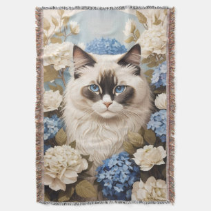 Cobertor Ragdoll Cat Com Flores De Hydrangea Azuis