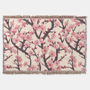 Cobertor Ramo Escuro Creme Flor de Cerejeira Rosa Sakura Ja