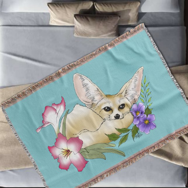 Cobertor Raposa Fennec Flores Rosa Roxo Fofo Botânico Azul (Criador carregado)