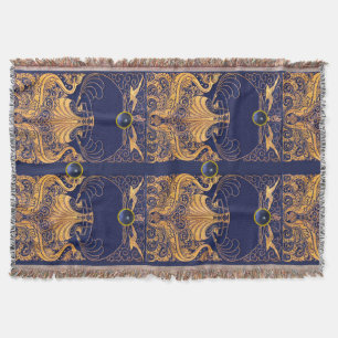 Cobertor Recipiente Antigo,Golfinhos,Dourado,Azul Marinho N