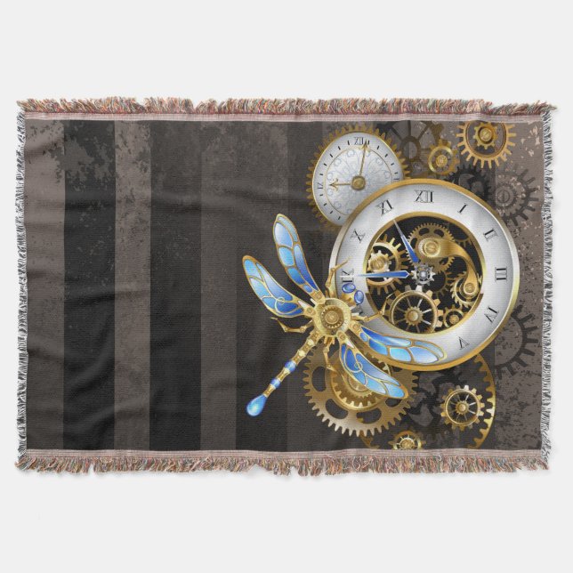 Cobertor Relógio Steampunk com Libélula Mecânica (Frente)