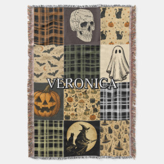 Cobertor Remendo Vintage Halloween Patchwork Outono Nome Pe