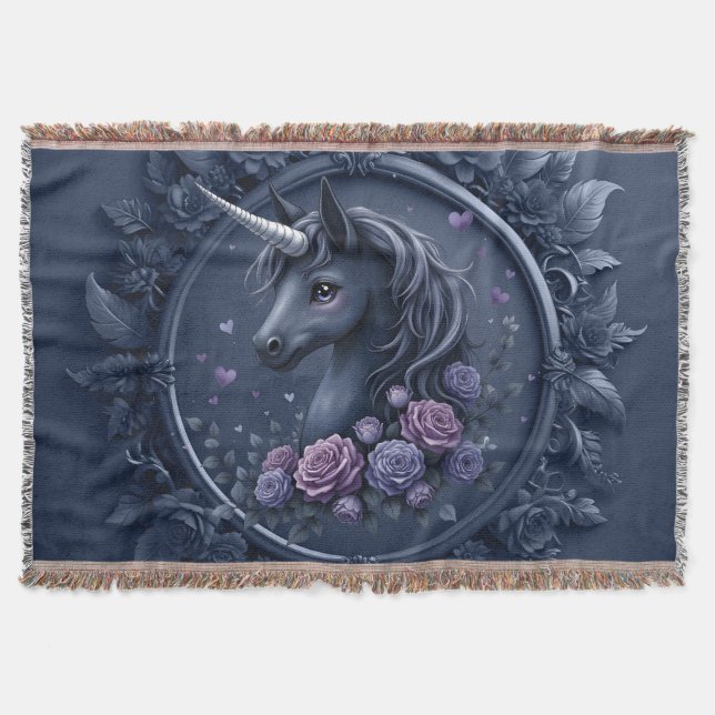Cobertor Retrato de Unicórnio Escuro em um Quadro Redondo (Frente)