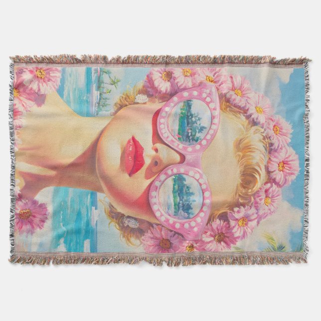 Cobertor Retro Beach Girl com óculos de sol florais (Frente)
