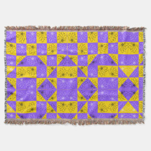 Cobertor Retro Boho Roxo & Amarelo Xadrez de Margaridas