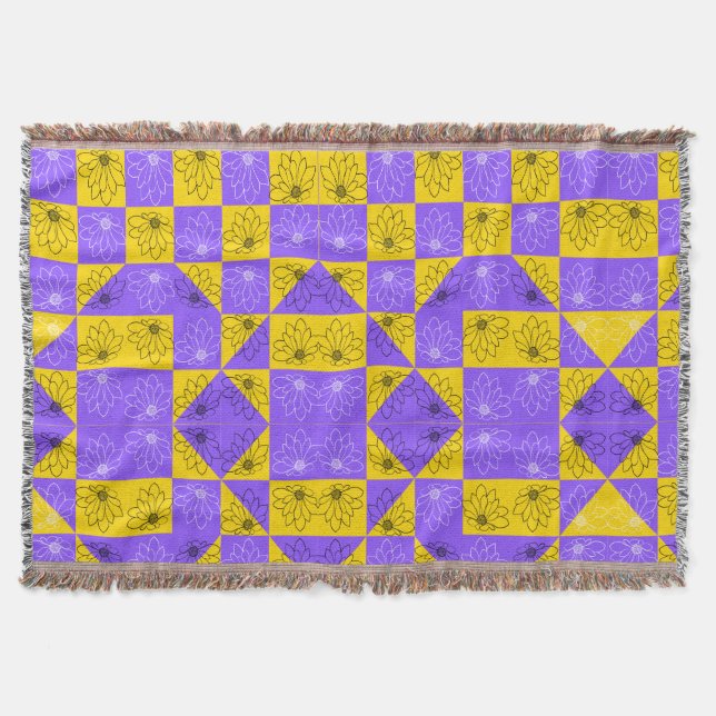 Cobertor Retro Boho Roxo & Amarelo Xadrez de Margaridas (Frente)