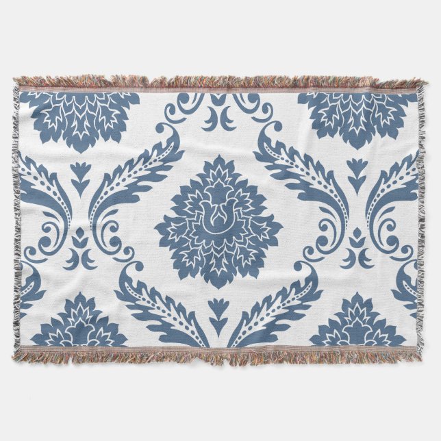 Cobertor Rococo Damask Padrão Grande Azul no Branco (Frente)