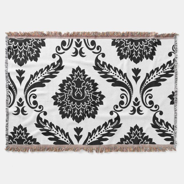 Cobertor Rococo Damask Padrão Grande Descentralizado Preto  (Frente)