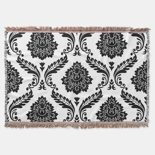 Cobertor Rococo Damask Padrão Grande Preto no Branco (Frente)