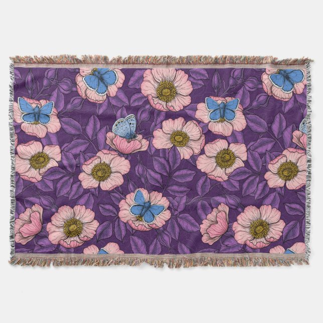 Cobertor Rosa de cão e borboletas em rosa e roxo (Frente)