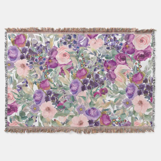 Cobertor Rosa Roxo Verde Salvia Flores Boho  (Frente)