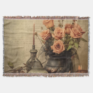 Cobertor Rosas Macabras Vintage Caveiras Sépia