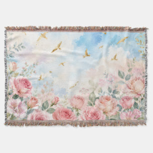 Cobertor Rosas Sonhadoras em Aquarela e Pássaros Dourados A