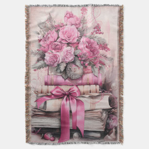 Cobertor Rosas Vintage Livros Empilhados Ainda Vida