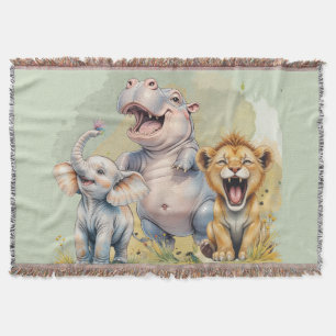 Cobertor Safari Animal Lion Hippo Elepher