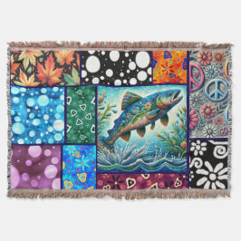 Cobertor Salmon Crazy Quilt Floral Whimsical Colorful