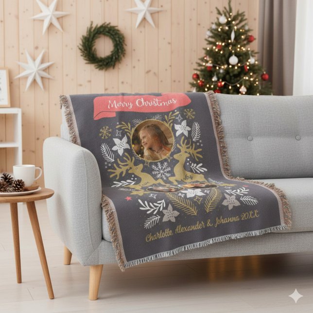 Cobertor Scandinavian Reindeer 3 Photo Family Keepsake (Scandinavian Reindeer 3 Photo Holiday Throw Blanket © Susanne Sachers - Sunny Mind Design. 🌞)