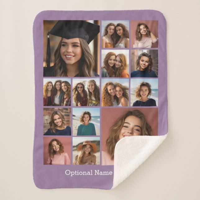 Cobertor Sherpa 14 Colagem de Fotos - CAN EDIT lilac text opcional (Frente)