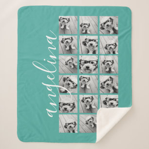 Cobertor Sherpa 18 Colagem de Fotos - CAN EDIT teal white script