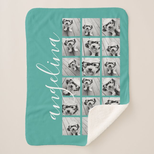 Cobertor Sherpa 18 Colagem de Fotos - CAN EDIT teal white script (Frente)